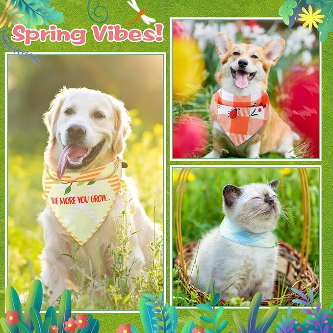 Sweetude 100 Pcs Spring Plaid Dog Bandanas Bulk with Sayings Spring PET Scarf Bibs Adjustable Washable Kerchief Seasonal PET Costume Accessories Grooming Supplies for Small to Large Cats Dogs