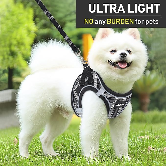 GAMUDA Small Dog Harness Collar and Leash Set, Step in No Chock No Pull Soft Mesh Adjustable Dog Vest Harnesses Plaid Reflective for Dogs Puppy Cats Kitten Rabbit (Black, XXS)