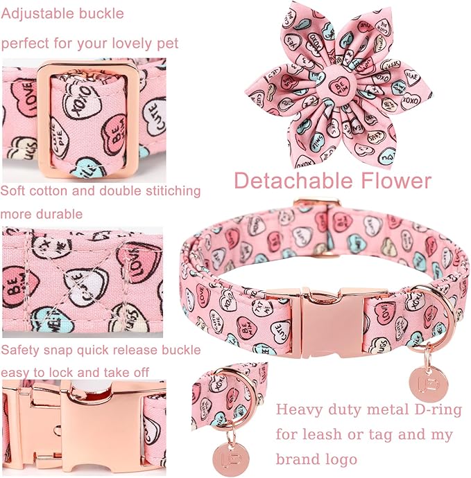 Valentine Dog Collar with Flower, Heart Flower Collar for Puppy Girl Boy Dog or Cat, Comfortable Dog Collar Flower with Durable Metal Buckle, Cute Pet Collar, S