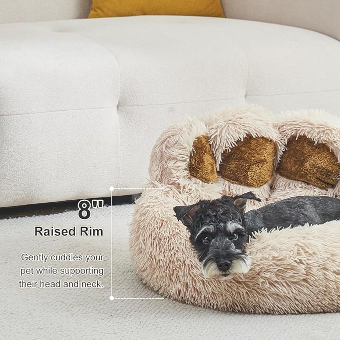 Jiupety Paw Shape Calming Pet Bed, Plush Faux Fur Donut Bed for Dogs & Cats, Machine Washable, Non-Slip Bottom, Large Size (26"×26"×8"), Camel
