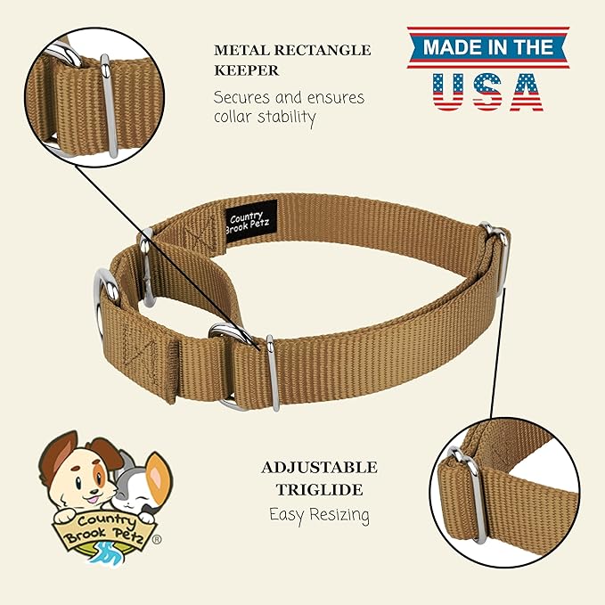 Country Brook Petz Martingale Dog Collar - Heavy-Duty Training Collar with No Buckle - Service Dog Collar for All Pups - Vibrant, Colorful Collection (Coyote Tan, 3/8 Inch, 3XS)