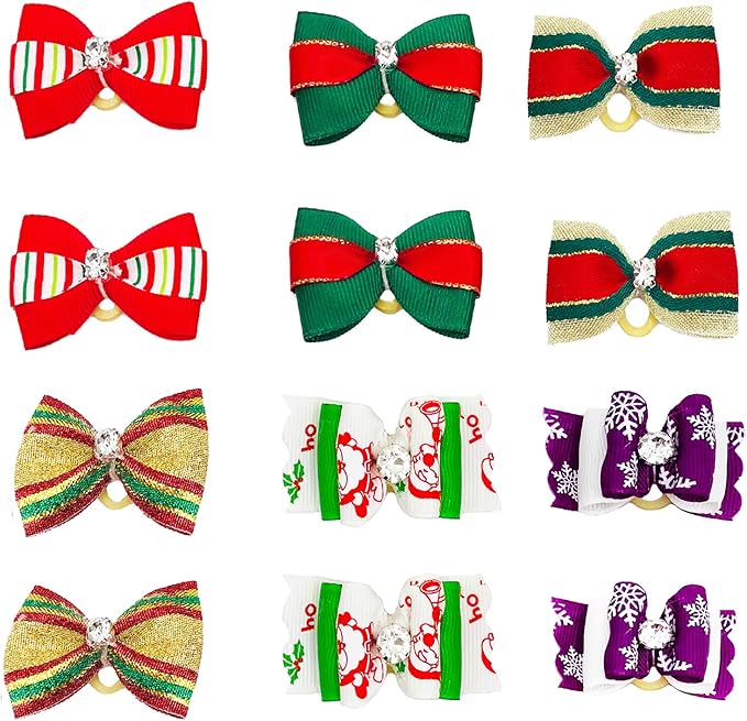 PET SHOW 20pcs Christmas Dog Hair Bows with Rubber Bands for Small Medium Dogs Xmas Holiday Puppies Cats Kittens Rabbits Topknot Grooming Costumes Hair Accessories