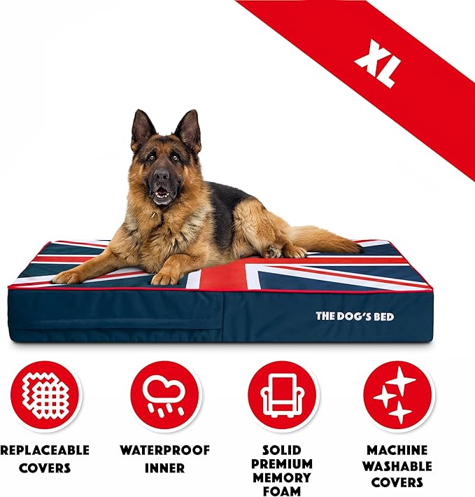 The Dog’s Bed Orthopedic Memory Foam Dog Bed, XLBlue & Red Trim UK Center Flag 46x28, Pain Relief for Arthritis, Hip & Elbow Dysplasia, Post Surgery, Supportive, Calming, Waterproof Washable