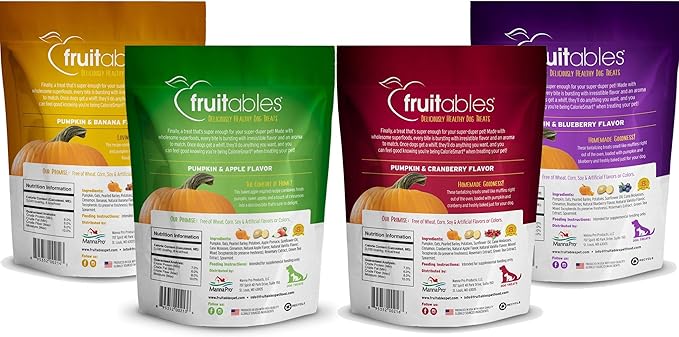 Fruitables Baked Dog Treats - Pumpkin Treats for Dogs - Healthy Low Calorie - Free of Wheat, Corn and Soy - 7 oz (Variety Pack of 4)