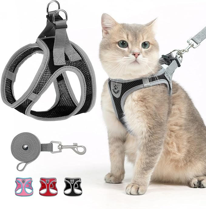 SCENEREAL Cat Harness and Leash Set Escape Proof, Adjustable Soft Air Mesh Kitten Harnesses for Girls Boys Small Medium Big Cats, Reflective Light Travel Pet Walking Vest for Puppy Rabbit, Black XL