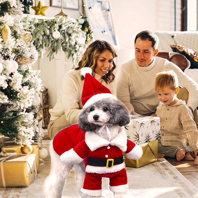 QETRABONE Santa Small Dog Costume Christmas Pet Outfits Red Christmas Santa Claus Hat Scarf Cosplay Dressing up Xmas Party Fashion New Year Clothing Accessories for Small Pet Cat Dog(Small, Santa)