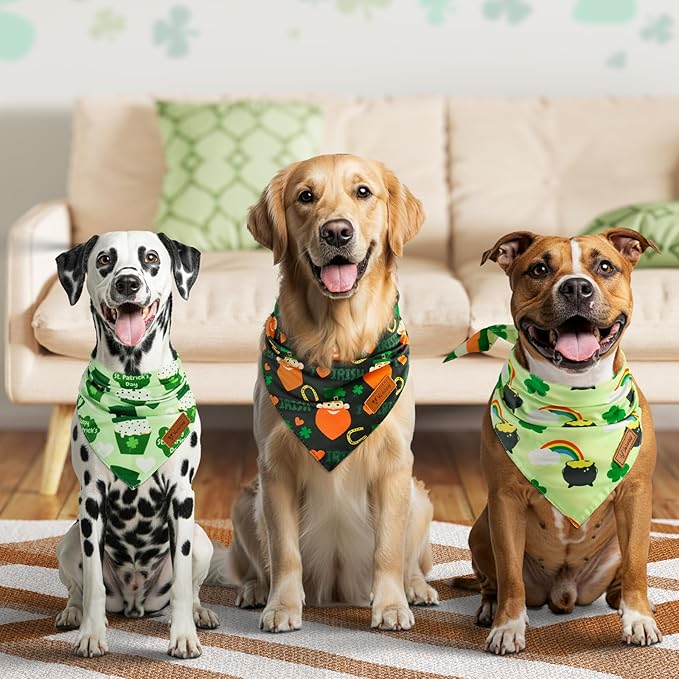 Vehomy 3-Pack St. Patrick's Day Dog Bandana Reversible Dog Bandanas Shamrock Dog Scarfs Cat Triangular Bibs Pet Irish Bandanas Scarves for Small Medium Large Dogs XL
