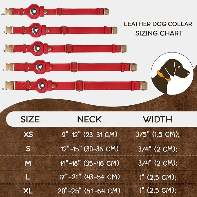AirTag Dog Collar - Genuine Leather Dog Collar with Apple AirTag Holder and Metal Buckle - Smart GPS Tracking Pet Collars for Small Medium Large Dogs Puppy (Red, XS, 9"-12" Neck Fit)