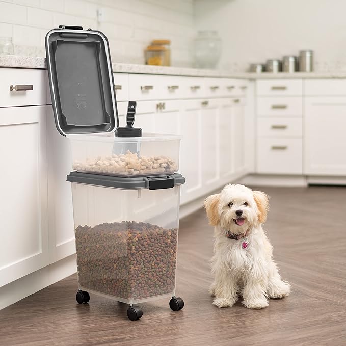 IRIS USA Dog Food Storage Container, 30 lbs & 11 lbs Combo, Cat Food Storage Container, Dog Treat Container, Airtight, Stackable, 2-Cup Scoop, Wheels, Easy Mobility, Dark Gray