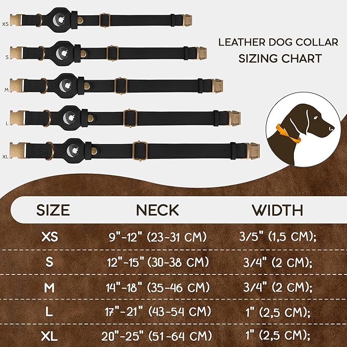 AirTag Dog Collar - Genuine Leather Dog Collar with Apple AirTag Holder and Metal Buckle - Smart GPS Tracking Pet Collars for Small Medium Large Dogs Puppy (Black, L, 17"-21" Neck Fit)