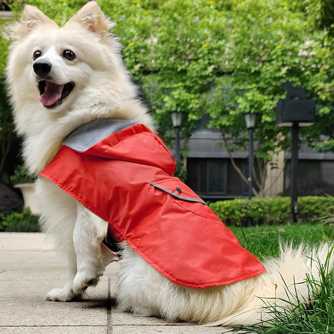 Small Dog Raincoat Dogs Rain Jacket Reflective Lined Breathable Poncho Rainwear Waterproof Pet Clothes Pocket Hooded Leash Hole Adjustable for Puppy,Red,S,Back Length 8.3 Inch