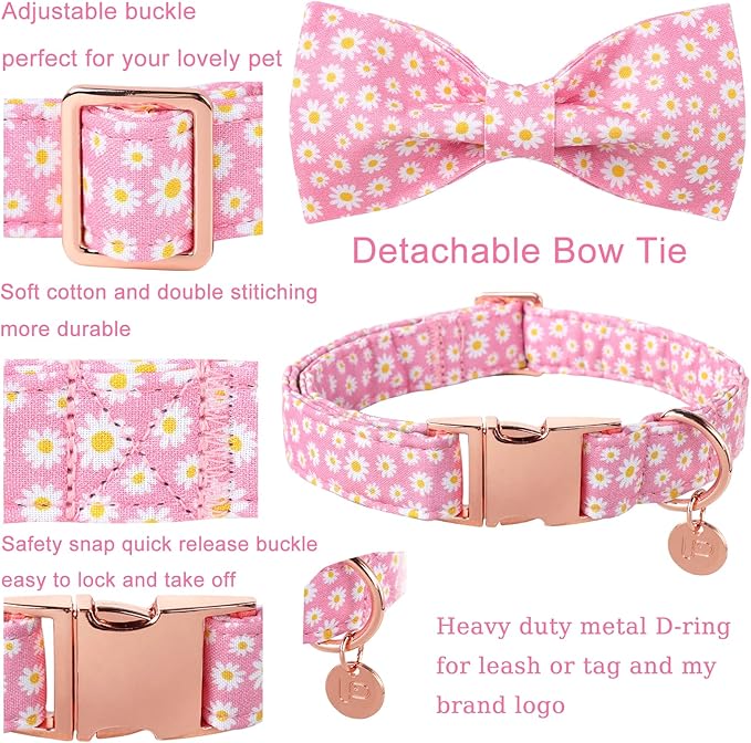 Summer Dog Collar with Bow Tie, Cotton Cute Bowtie Dog Collar, Pink Bowtie Collar for Large Boy Girl Dog, Comfortable Blue Dog Collar with Metal Buckle, L