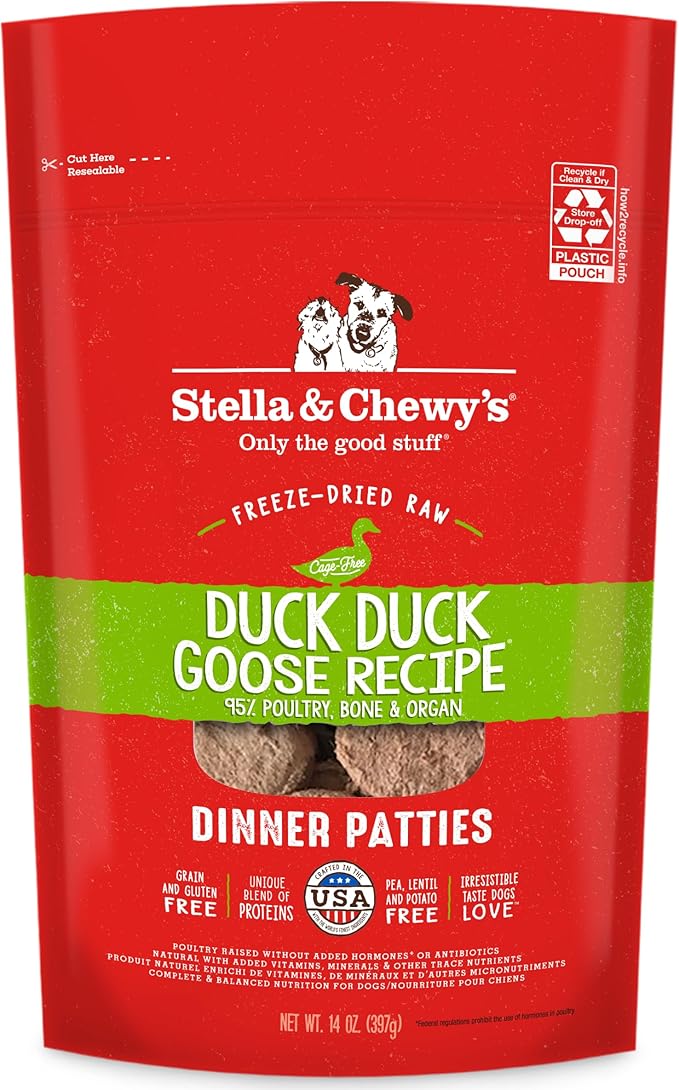 Stella & Chewy's Freeze-Dried Raw Dinner Patties - Duck Duck Goose Recipe - High Protein Grain-Free Puppy & Dog Food - Perfect For Picky Eaters - 14 oz