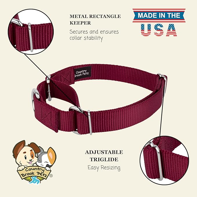 Country Brook Petz Martingale Dog Collar - Heavy-Duty Training Collar with No Buckle - Service Dog Collar for All Pups - Vibrant, Colorful Collection (Burgundy, 3/4 Inch, Small)