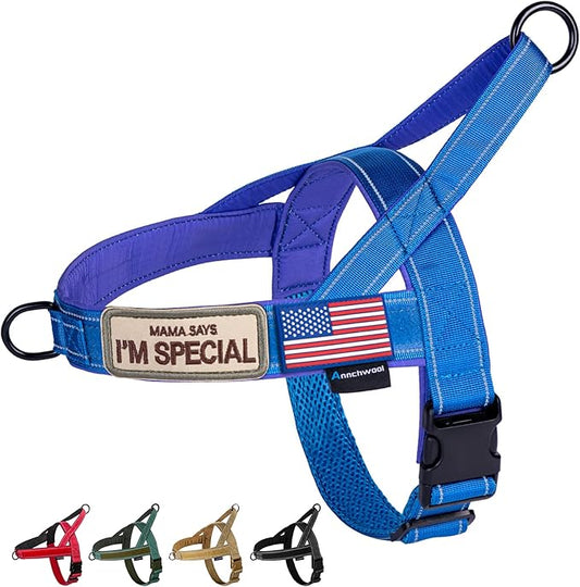 Annchwool No Pull Dog Harness with Soft Padded Handle,Reflective Strip Escape Proof and Quick Fit to Adjust Dog Harness,Easy for Training Walking for Small & Medium and Large Dogs(Blue,L)