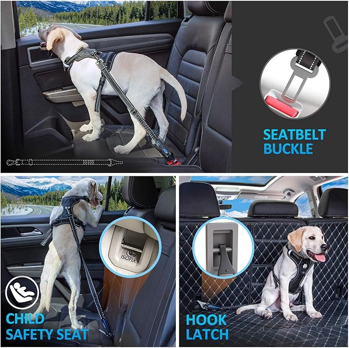 Dog Seat Belt 3-in-1 Car Harness for Dogs Adjustable Safety Seatbelt for Car Durable Nylon Reflective Bungee Fabric Tether with Clip Hook Latch & Buckle, Swivel Zinc Alloy Carabiner (Black)