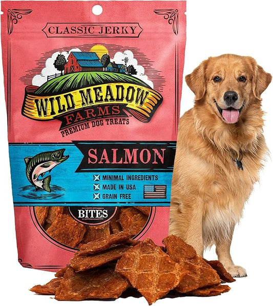 Wild Meadow Farms - Classic Salmon Bites, Soft Jerky Treats for Dogs, Grain-Free & All-Natural, Ideal for Training, Portioning, and High-Value Rewards for All Breeds & Ages - 3.5 Ounce Pouch