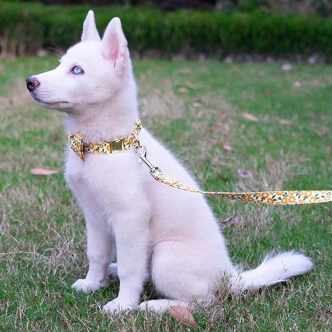 Tunkoo Dog Collar Floral with Elegant Bow Tie Soft Comfy Cotton Adjustable Collar, Premium Metal Buckle for Puppy and Cat Small Medium Large(Yellow Flowers,L)