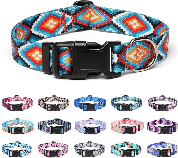 Adjustable Dog Collar with Patterns, Ultra Comfy Soft Nylon Breathable Pet Collar for Small Medium Large Dogs (L, Geometric Pattern)