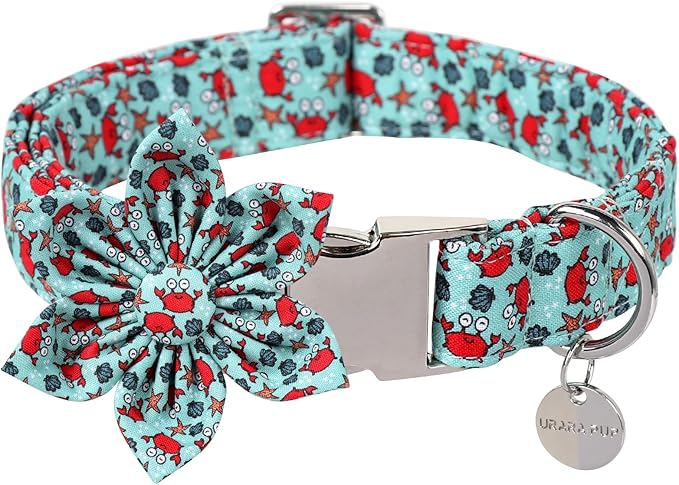 Summer Dog Collar with Flower, Lovely Crab Pattern Dog Bowtie Collar, Detachable Flower Bow Puppy Collar with Adjustable Metal Buckle for Dog and Cats, S