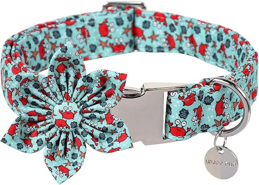 Summer Dog Collar with Flower, Lovely Crab Pattern Dog Bowtie Collar, Detachable Flower Bow Puppy Collar with Adjustable Metal Buckle for Dog and Cats, S