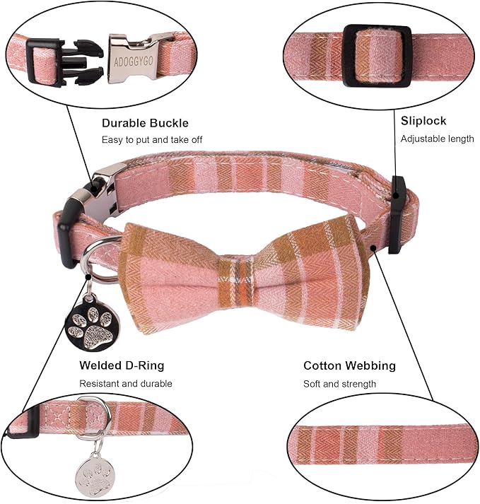 ADOGGYGO Pink Plaid Dog Collar with Detachable Bowtie, Adjustable Soft Plaid Pink Collars for Small Medium Large Female Dogs (Small)