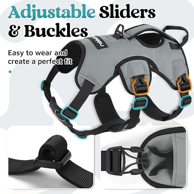 rabbitgoo Escape Proof Dog Harness, Soft Padded Full Body Pet Harness, Reflective Adjustable No Pull Vest with Lift Handle and Leash Clip for Large Dogs Walking Hiking Training, L, Grey