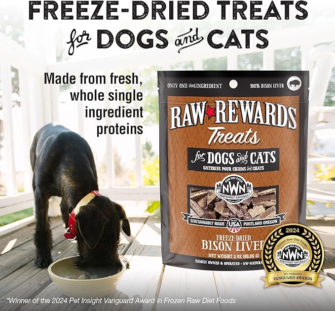 Northwest Naturals Raw Rewards Freeze-Dried Bison Liver Treats for Dogs and Cats - Bite-Sized Pieces - Healthy, 1 Ingredient, Human Grade Pet Food, All Natural, Proudly Made in USA, 3 Oz (Pack of 3)