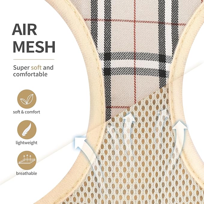 voopet Small Dog Harness and Leash Lightweight Cat Comfort Padded Soft Mesh Vest Step in Dog Harness No Pull No Choke Reflective Small Plaid Girl & Boy Puppy Kitty Walking Harness, Beige L