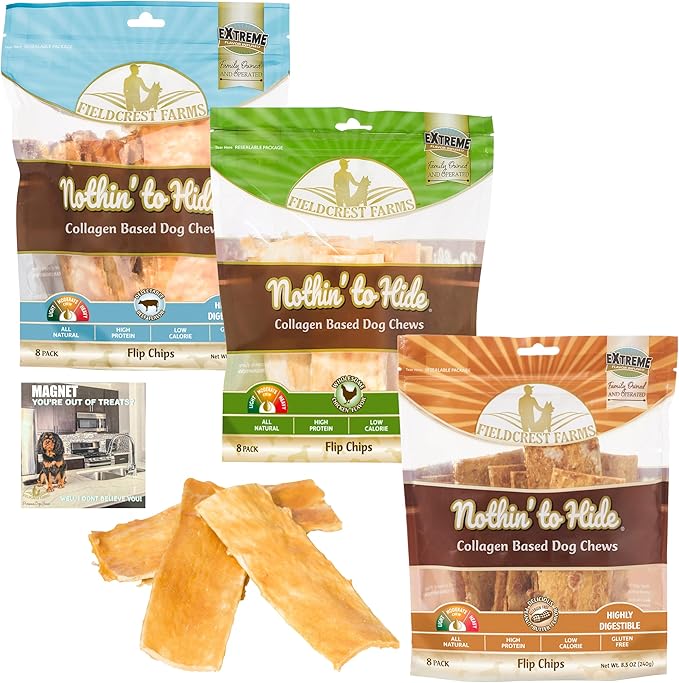 Fieldcrest Farms Nothing to Hide Natural Rawhide Alternative Flip Chips for Dogs - 3 Pack Bundle & Magnet (Chicken, Beef, Peanut Butter) Premium Easily Digestible Chews Great for Dental Health