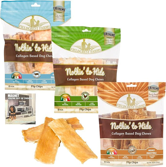 Fieldcrest Farms Nothing to Hide Natural Rawhide Alternative Flip Chips for Dogs - 3 Pack Bundle & Magnet (Chicken, Beef, Peanut Butter) Premium Easily Digestible Chews Great for Dental Health