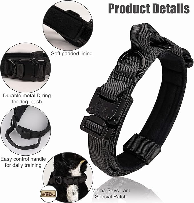 KCUCOP Tactical Dog Collar - Military Collar with Handle - K9 Thick Adjustable Heavy Duty Dog Collars for Large and Medium Dogs (Black, L)