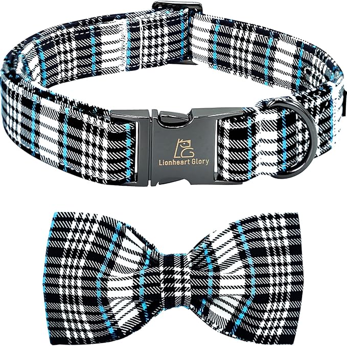 Lionheart glory Dog Bow Collar Blue and Black Plaid Dog Collar for X-Large Dogs,Boy Dog Collars with Bowtie Spring Summer Collars Soft Adjustable Pet Collar Bows