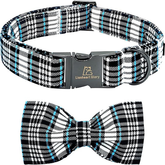 Lionheart glory Dog Bow Collar Blue and Black Plaid Dog Collar for X-Large Dogs,Boy Dog Collars with Bowtie Spring Summer Collars Soft Adjustable Pet Collar Bows