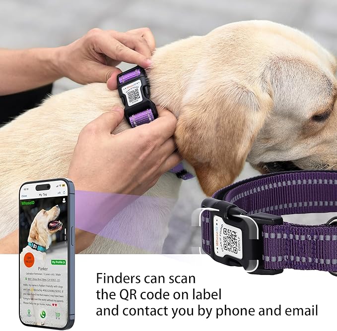 Dog Collar with QR Code, Reflective Dog Collar, Soft Neoprene Padded & Safety Locking Buckle Adjustable Pet Collar (Purple, XS-with Airtag Holder)