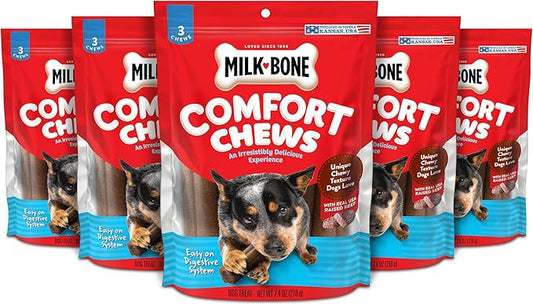 Milk-Bone Comfort Chews, Rawhide Free Dog Treats with Unique Chewy Texture and Real Beef, 3 Chews (Pack of 5), Easy on Digestive System