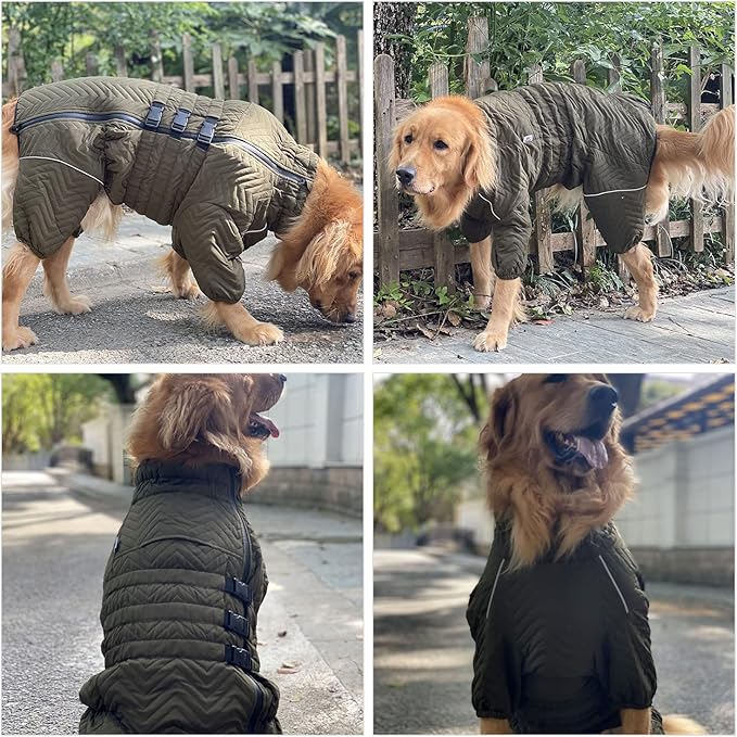 Warm Dog Coat Double Layers Dog Vest, 4 Legs Covered Windproof Waterproof Reflective Warm Dog Vest Outdoor Skating Dog Costume for Small Medium Large Dogs Olive XL