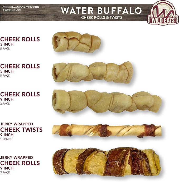 Water Buffalo Jerky Wrapped Cheek Twist Dog Chews - 10 Pack (Healthy Alternative for Beef Rawhides for Dogs, Natural Treat, Single Source Protein Dog Treat)