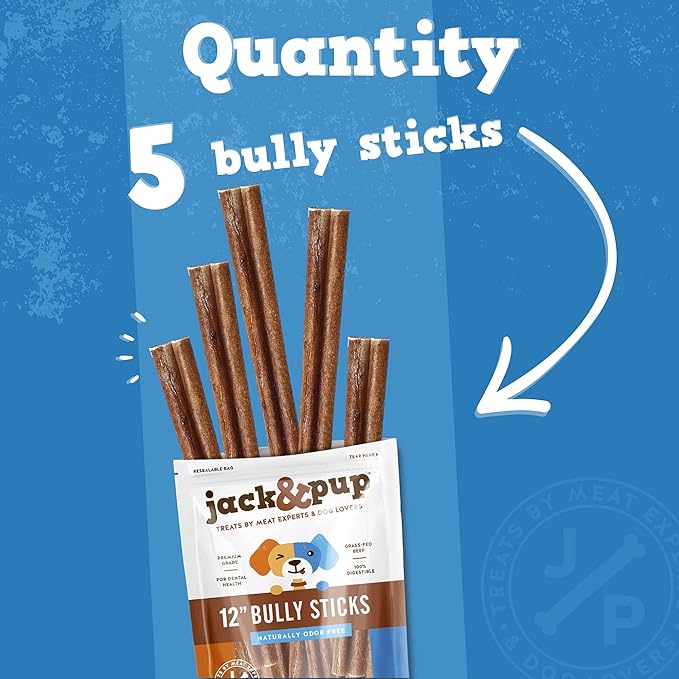 Jack&Pup Thick Bully Sticks 12 Inch Premium Dog Bully Sticks for Large Dogs Aggressive Chewers - All Natural Bully Sticks Odor Free 12" Large Bully Sticks, Long Lasting Dog Chews Bully Stick (5 Pack)