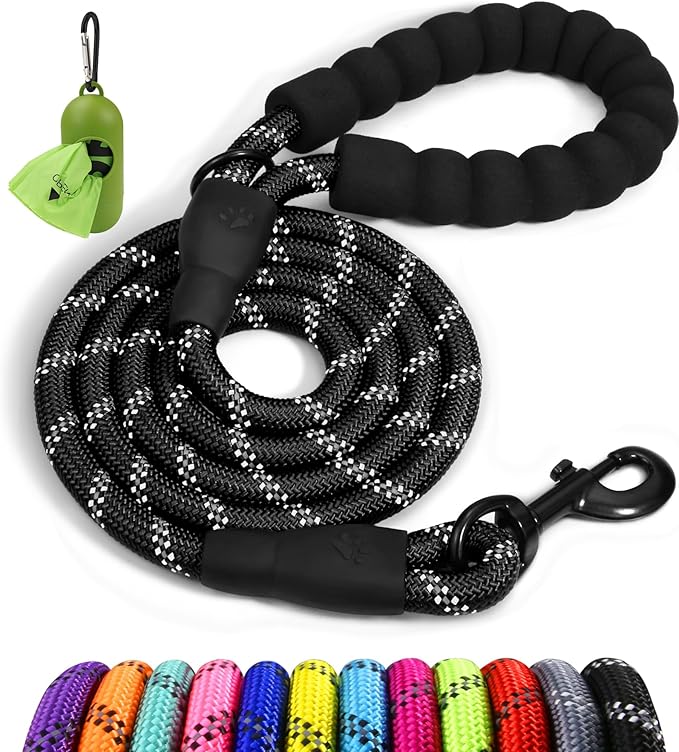 Taglory Rope Dog Leash 4 FT with Comfortable Padded Handle, Highly Reflective Threads Leash for Medium Large Dogs, 1/2 inch, Black