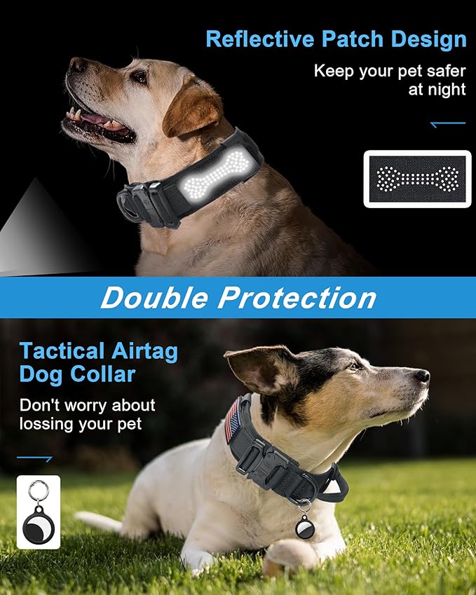 Hotsky Tactical Dog Collar and Leash Set, Heavy Duty Military Airtag Dog Collar with Handle and Metal Buckle for Training and Walking, with Airtag Holder and Two Patches (Black, L)