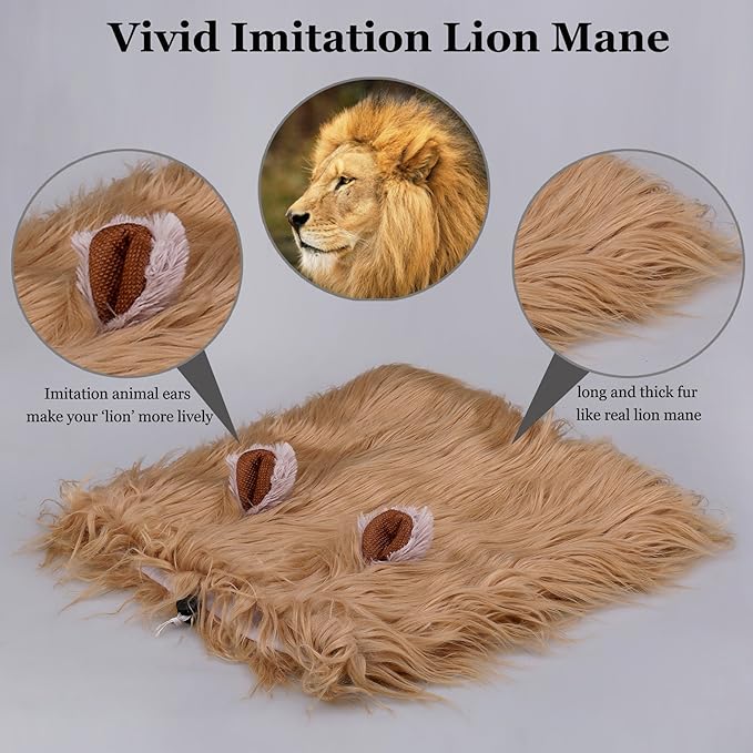 Onmygogo Lion Mane Wig for Dogs with Ears, Funny Pet Costumes for Halloween Christmas (Size L, Yellow)