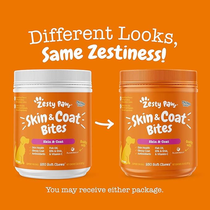 Zesty Paws Omega 3 Fish Oil for Dogs - Zesty Paw Dog Vitamins and Supplements for Hip, Joint & Skin, Chicken (250 Chews)