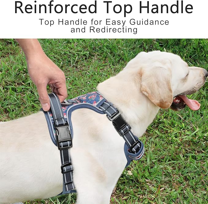 Timos Dog Harness for Medium Dogs, No Pull Service Vest with Reflective Strips and Control Handle,No Choke Dog Harness with 2 Metal Rings for Easy Walking,Outdoor Training,Flower Blue, M