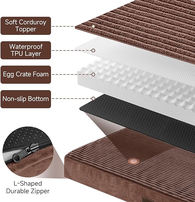 OhGeni Orthopedic Waterproof & Machine Washable Dog Bed for Medium Large Pets, Suitable for Crates, 25D Egg Crate Foam, Non-Slip Bottom & Removable Cover, Invisible Zipper, 35 Inches(Brown)