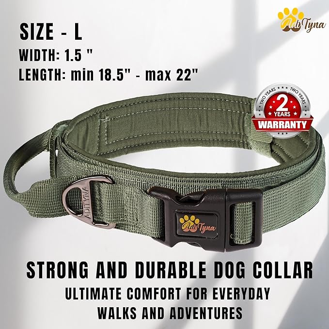 ADITYNA Tactical Dog Collar for Large Dogs - Soft Padded, Heavy Duty, Service, Adjustable Military K9 Green Collar with Handle for Training and Walking