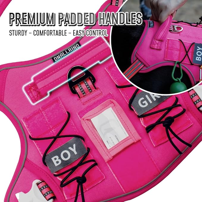 Tactical Dog Harness for Medium Large Dogs, Pink Dog Harness with ID Card, Reflective Hiking Harness for Training Easy Control Dog Vest with Handle Pink