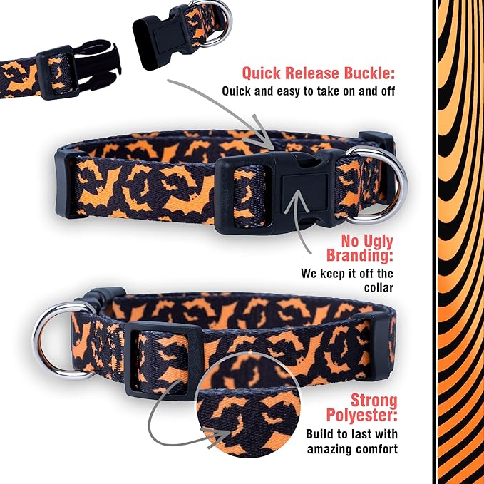 Native Pup Halloween Dog Collar- Spooky Fall Themed Horror Costume Collars- Skull, Pumpkin, Ghost, Bat, Witch, Candy Corn, Spider- Adjustable for Small, Medium, Large Breeds (Medium, Orange Bats)