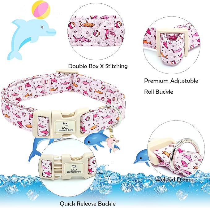 Lionheart Glory Pink Shark Pattern Cute Dog Collar - Adjustable, Durable for Small Dogs