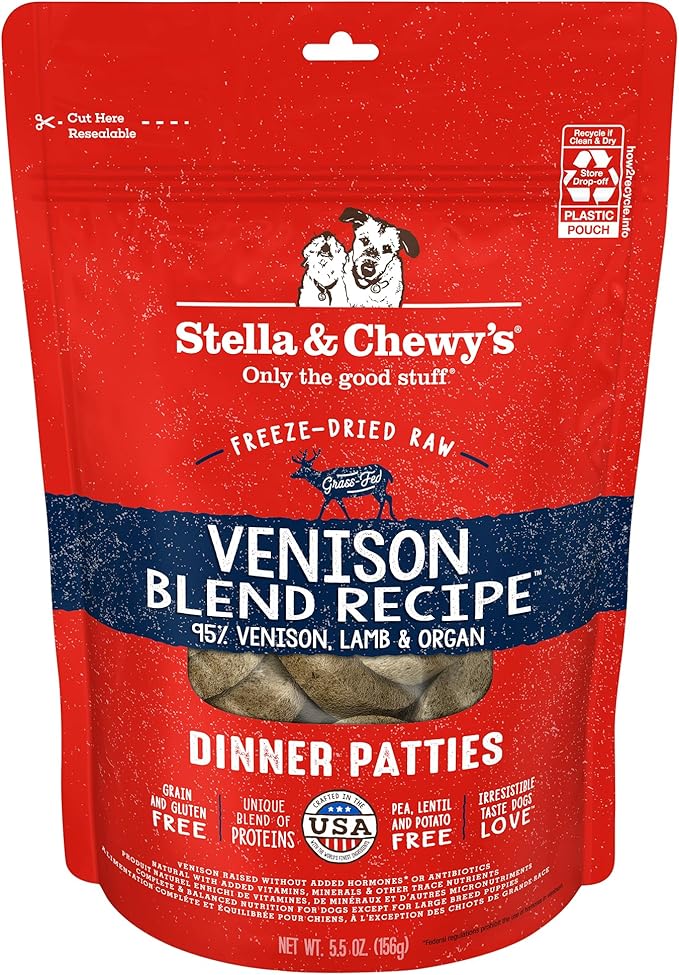 Stella & Chewy's Freeze-Dried Raw Dinner Patties - Venison Blend Recipe - High Protein Grain-Free Puppy & Dog Food - Perfect For Picky Eaters - 5.5 oz